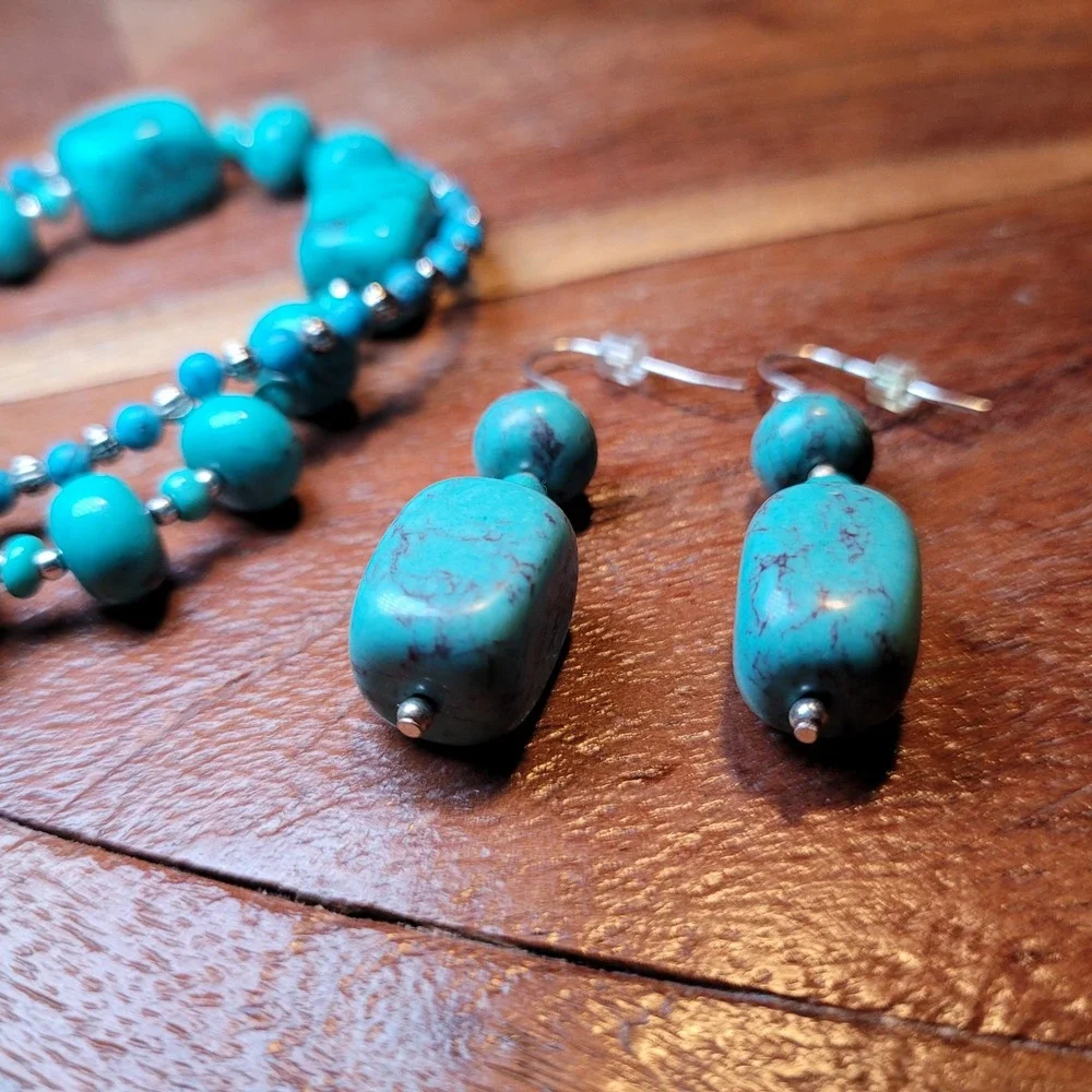 Beaded Bracelet Faux Turquoise with Dangle Earrings‎ Set Womens Jewelry